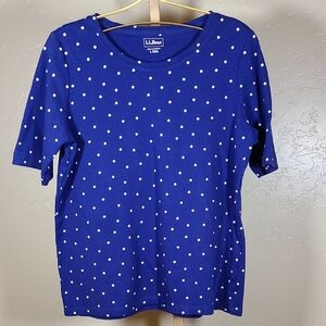 L.L. Bean Navy Blue Designed Polka Dot Short Sleeve 100% Cotton Shirt Size L